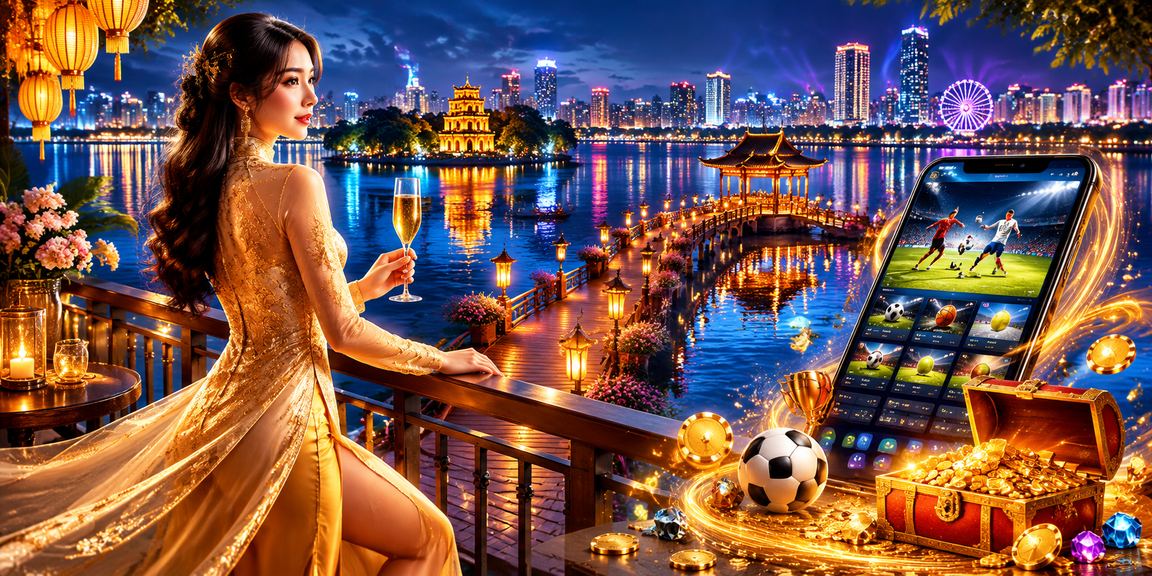 Người phụ nữ Hà Nội mặc áo dài xem thông tin tiền thưởng thể thao trên điện thoại